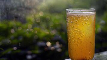 Refreshing glass of lemonade, condensation glistening in the summer heat photo