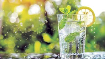Refreshing glass of lemonade, condensation glistening in the summer heat photo