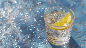 Refreshing glass of lemonade, condensation glistening in the summer heat photo