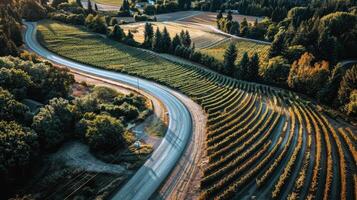 Road trip through country roads, surrounded by fields of sun-kissed crops in the height of summer photo