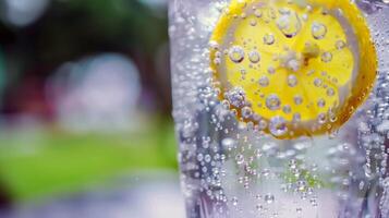 Refreshing glass of lemonade, condensation glistening in the summer heat photo