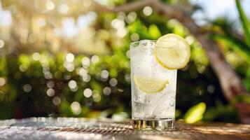 Refreshing glass of lemonade, condensation glistening in the summer heat photo