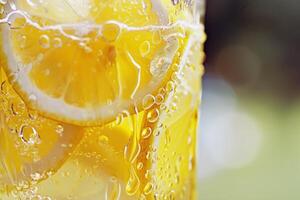 Refreshing glass of lemonade, condensation glistening in the summer heat photo