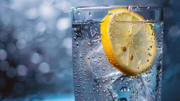 Refreshing glass of lemonade, condensation glistening in the summer heat photo