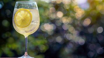 Refreshing glass of lemonade, condensation glistening in the summer heat photo