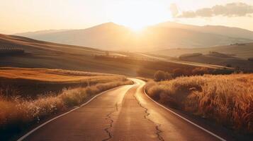 Road trip through country roads, surrounded by fields of sun-kissed crops in the height of summer photo