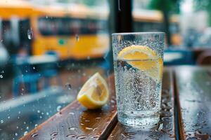 Refreshing glass of lemonade, condensation glistening in the summer heat photo