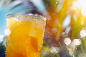 Refreshing glass of lemonade, condensation glistening in the summer heat photo