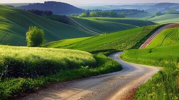 Road trip through country roads, surrounded by fields of sun-kissed crops in the height of summer photo