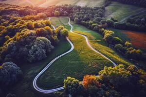 Road trip through country roads, surrounded by fields of sun-kissed crops in the height of summer photo