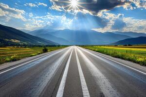 Road trip through country roads, surrounded by fields of sun-kissed crops in the height of summer photo