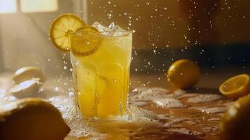 refrescante vaso de limonada, condensación brillante en el verano calor foto