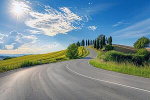 Road trip through country roads, surrounded by fields of sun-kissed crops in the height of summer photo