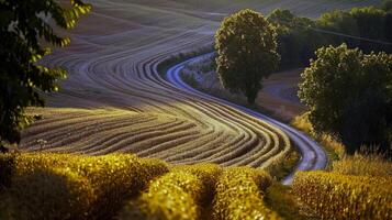 la carretera viaje mediante país carreteras, rodeado por campos de besado por el Sol cultivos en el altura de verano foto