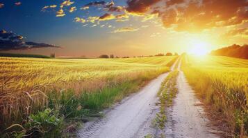 Road trip through country roads, surrounded by fields of sun-kissed crops in the height of summer photo