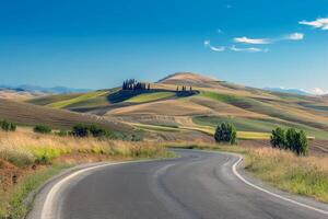 Road trip through country roads, surrounded by fields of sun-kissed crops in the height of summer photo