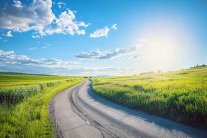 Road trip through country roads, surrounded by fields of sun-kissed crops in the height of summer photo