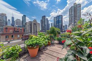 Rooftop garden oasis in the heart of the city, blooming with vibrant flowers and verdant foliage photo