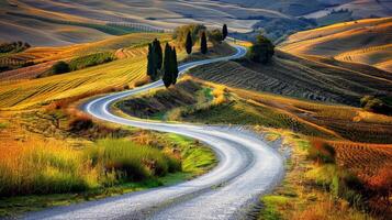 Road trip through country roads, surrounded by fields of sun-kissed crops in the height of summer photo