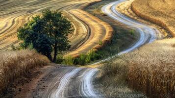 la carretera viaje mediante país carreteras, rodeado por campos de besado por el Sol cultivos en el altura de verano foto