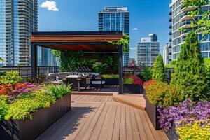 Rooftop garden oasis in the heart of the city, blooming with vibrant flowers and verdant foliage photo