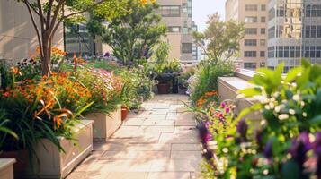 techo jardín oasis en el corazón de el ciudad, floreciente con vibrante flores y verde follaje foto