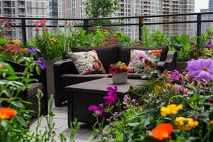 techo jardín oasis en el corazón de el ciudad, floreciente con vibrante flores y verde follaje foto