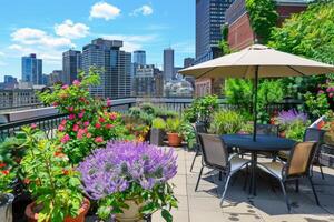 techo jardín oasis en el corazón de el ciudad, floreciente con vibrante flores y verde follaje foto