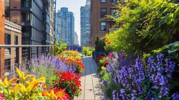 techo jardín oasis en el corazón de el ciudad, floreciente con vibrante flores y verde follaje foto