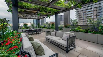 Rooftop garden oasis in the heart of the city, blooming with vibrant flowers and verdant foliage photo