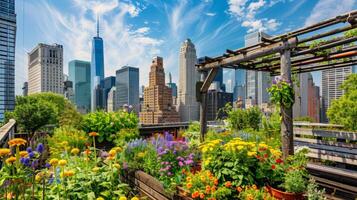 techo jardín oasis en el corazón de el ciudad, floreciente con vibrante flores y verde follaje foto