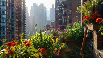 Rooftop garden oasis in the heart of the city, blooming with vibrant flowers and verdant foliage photo