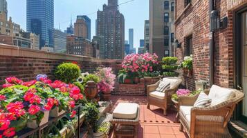 Rooftop garden oasis in the heart of the city, blooming with vibrant flowers and verdant foliage photo