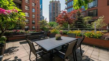 Rooftop garden oasis in the heart of the city, blooming with vibrant flowers and verdant foliage photo