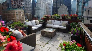 Rooftop garden oasis in the heart of the city, blooming with vibrant flowers and verdant foliage photo