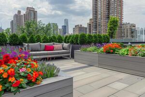 Rooftop garden oasis in the heart of the city, blooming with vibrant flowers and verdant foliage photo