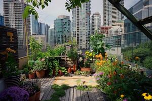 techo jardín oasis en el corazón de el ciudad, floreciente con vibrante flores y verde follaje foto