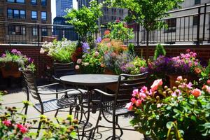 Rooftop garden oasis in the heart of the city, blooming with vibrant flowers and verdant foliage photo