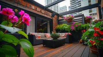 Rooftop garden oasis in the heart of the city, blooming with vibrant flowers and verdant foliage photo