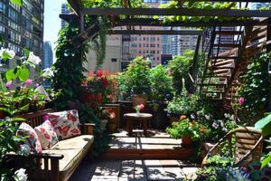 Rooftop garden oasis in the heart of the city, blooming with vibrant flowers and verdant foliage photo