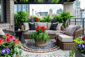 Rooftop garden oasis in the heart of the city, blooming with vibrant flowers and verdant foliage photo