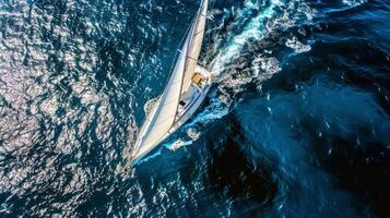 Sailboat gliding across sparkling blue waters, propelled by gentle summer breeze photo