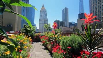 techo jardín oasis en el corazón de el ciudad, floreciente con vibrante flores y verde follaje foto