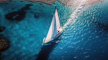 Sailboat gliding across sparkling blue waters, propelled by gentle summer breeze photo