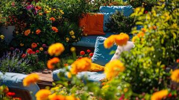 techo jardín oasis en el corazón de el ciudad, floreciente con vibrante flores y verde follaje foto