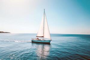 Sailboat gliding across sparkling blue waters, propelled by gentle summer breeze photo