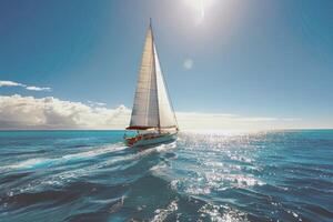 Sailboat gliding across sparkling blue waters, propelled by gentle summer breeze photo