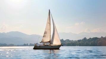 Sailboat gliding across sparkling blue waters, propelled by gentle summer breeze photo