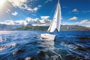 Sailboat gliding across sparkling blue waters, propelled by gentle summer breeze photo