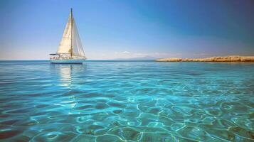 Sailboat gliding across sparkling blue waters, propelled by gentle summer breeze photo